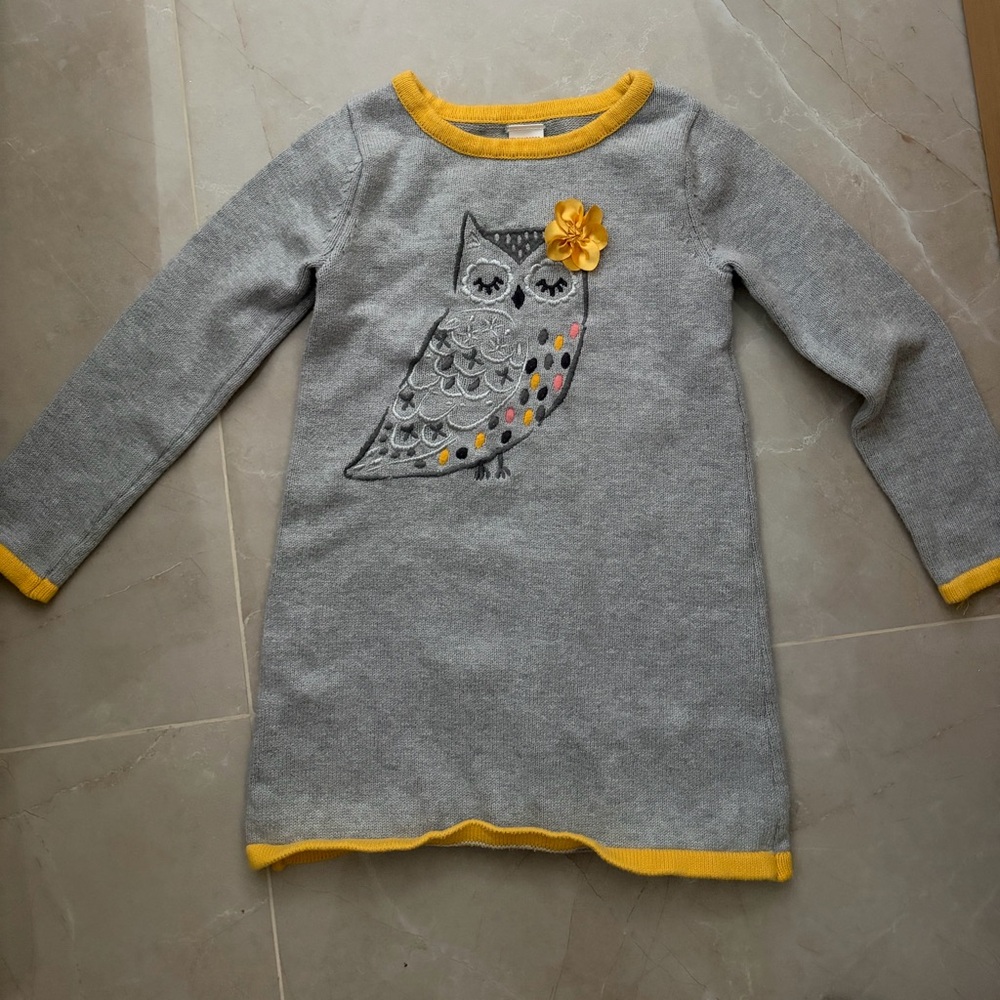 Gymboree Grey Knit Owl Dress with Yellow Trim 6 girl